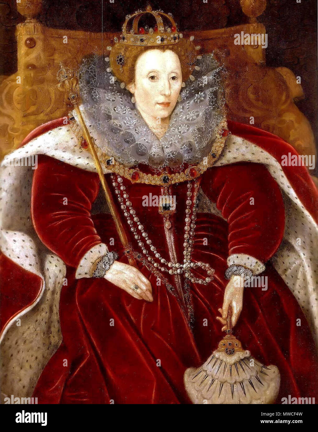 . Elizabeth I of England in Parliament Robes, Helmingham Hall, Stowmarket . circa 1585-90. formerly attributed to Marcus Gheeraerts the Younger, exhibited 2003 as 'British School* 184 Elizabeth I in Parliament Robes Stock Photo
