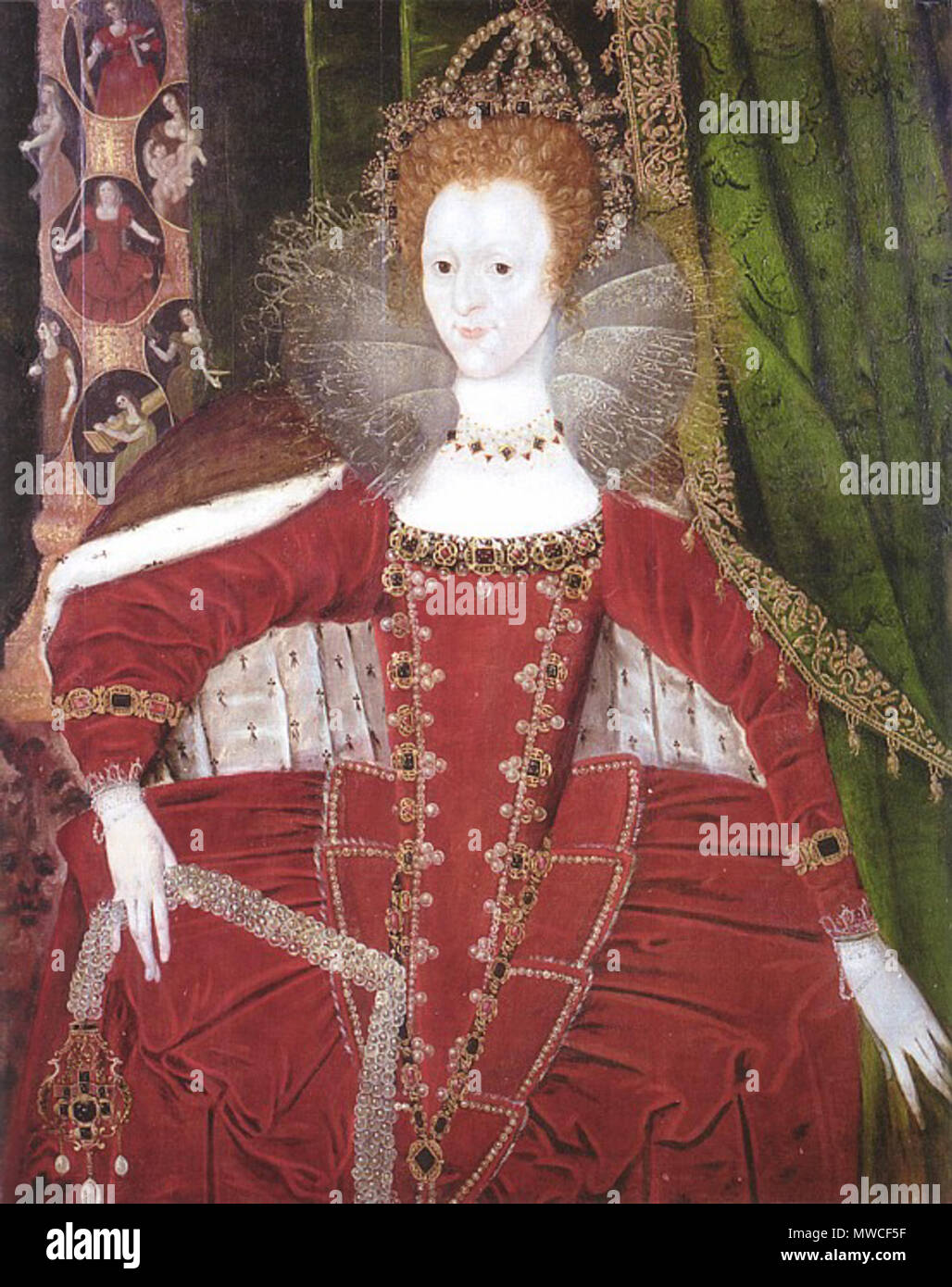 . Portrait of Elizabeth I of England in Parliament robes with a column decorate with medallions representing the cardinal virtues of Justice, Prudence, Temperance and Fortitude and theological virtues of Faith, Hope and Charity. circa 1595. Unknown 184 Elizabeth I Parliament Robes with Virtues Stock Photo