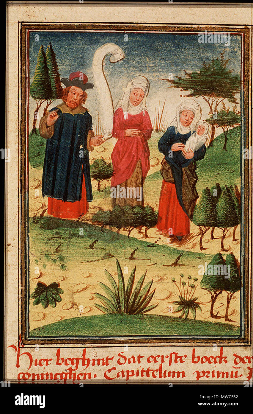 . English: Illustration of Elkanah and his two wives returning to Ramah, manuscript Den Haag, KB, 78 D 39. circa 1467. Master of the Feathery Clouds/Meester van de Vederwolken 184 Elkanah and his two wives Stock Photo