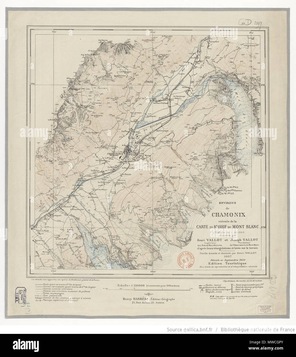 . Français : Feuille extraite de la carte du Mont-Blanc au 1/20000 en 22 feuilles par Henri Vallot et Joseph Vallot. 27 March 2016. Henri Vallot Joseph Vallot 191 Environs de Chamonix - carte 20000eme - 1907 Stock Photo