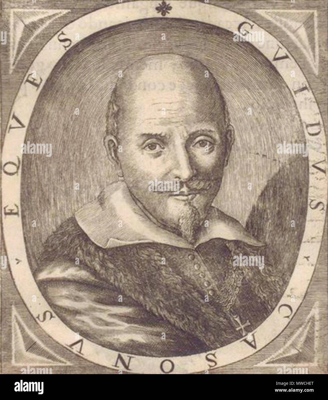 . English: Italian poet, jurist and scholar Guido Casoni (1561-1642). Engraving from Girolamo Brusoni, Le Glorie de gli incogniti, o vero gli Huomini illustri dell' Accademia de' signori incogniti di Venetia, F. Valvasense, Venetia, 1647. 17th century. Duret (?) 256 Guido Casoni Stock Photo