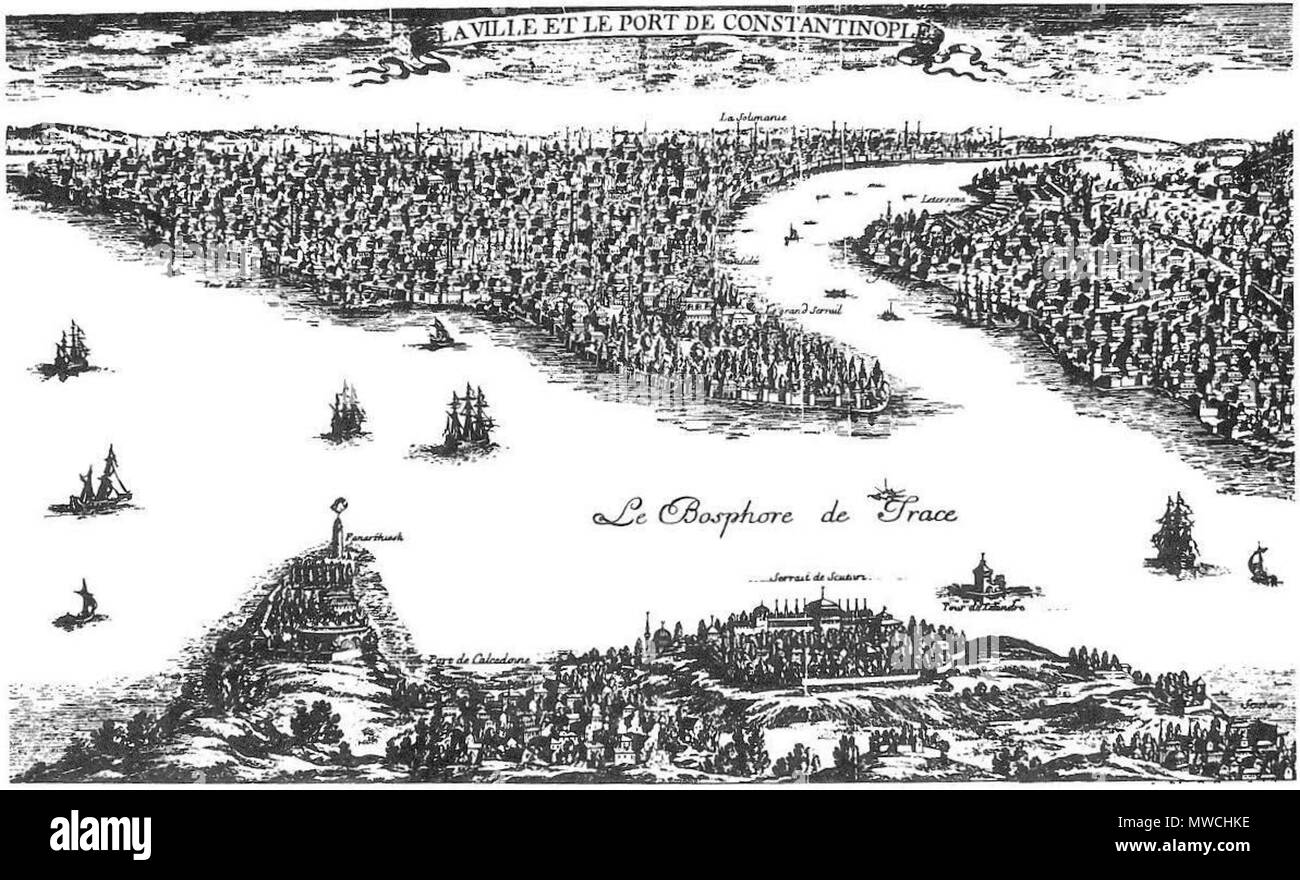 . English: View of Constantinople, with the Topkapi Palace and the Üsküdar Palace across from it. From Grelot, Relation nouvelle d'un voyage de Constantinople. 1672 CE. Guillaume-Joseph Grelot 257 Guillaume-Joseph Grelot 002 Stock Photo