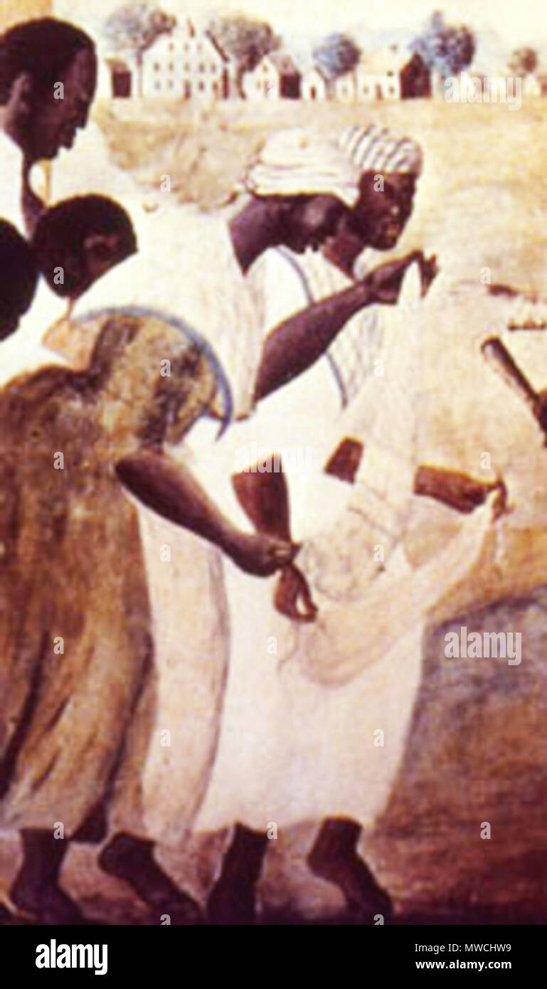 . DETAIL SHOWING CALABASH 'The Old Plantation,' South Carolina, about 1790. This famous painting shows Gullah slaves dancing and playing musical instruments derived from Africa. Scholars unaware of the Sierra Leone slave trade connection have interpreted the two female figures as performing a 'scarf' dance. Sierra Leoneans can easily recognize that they are playing the shegureh, a women's instrument (rattle) characteristic of the Mende and neighboring tribes. circa 1790. Unknown 257 Gullah s carolina 1790 detail Stock Photo