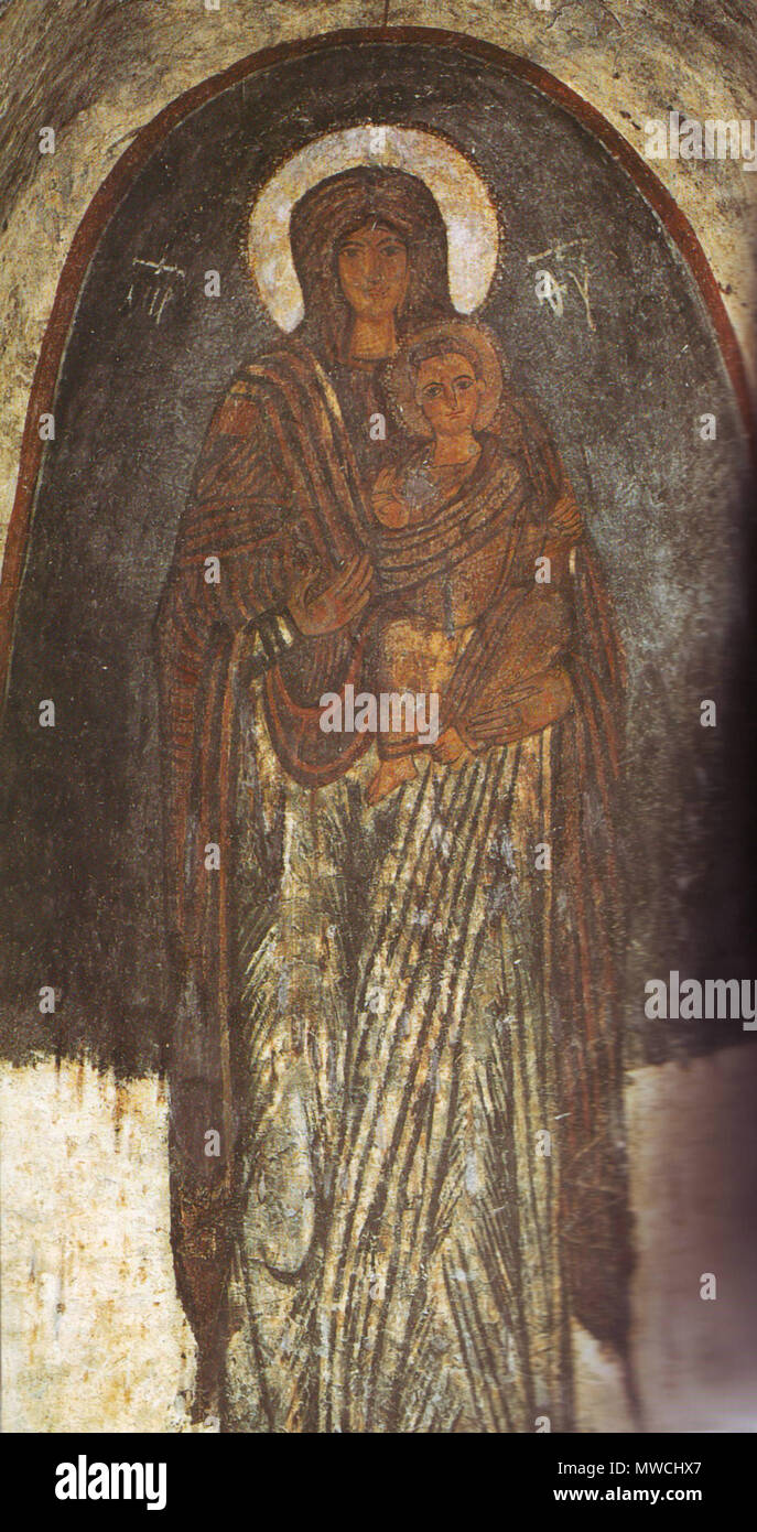 . Smiling Mary. Fresco in Gumusler Monastery, Nigde, Cappadocia . c. XII c.. anonimous 257 Gumusler monast Stock Photo