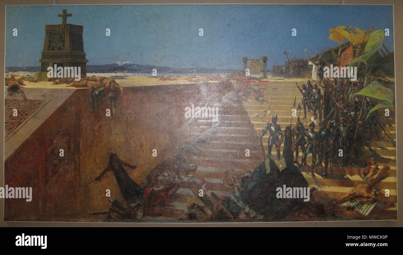 .  English: 'The Last Days of Tenochtitlan—Conquest of Mexico by Cortez' — 1899 painting by William de Leftwich Dodge. Depicting the Fall of Tenochtitlan, final battle of the Spanish conquest of the Aztec Empire in 1521. Snapshot photograph of the painting on display.  . 1899  360 LastDaysofTenochtitlanSnapshot Stock Photo