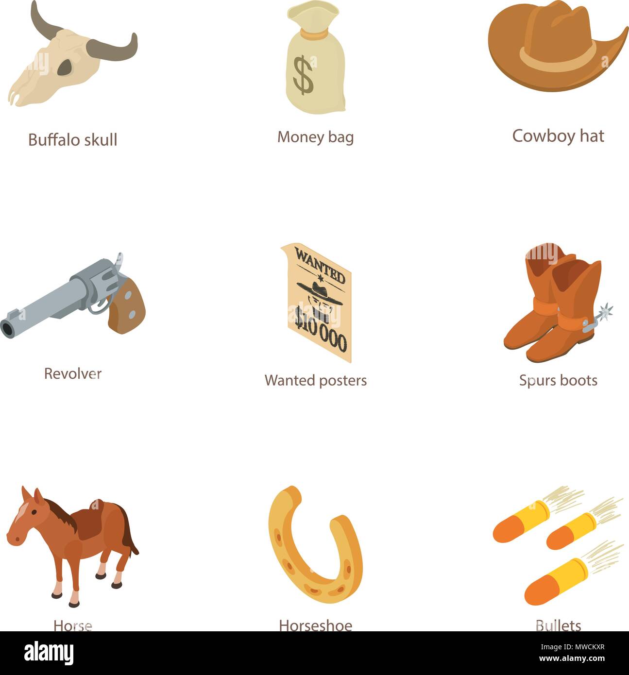 Cowboy icons set, isometric style Stock Vector