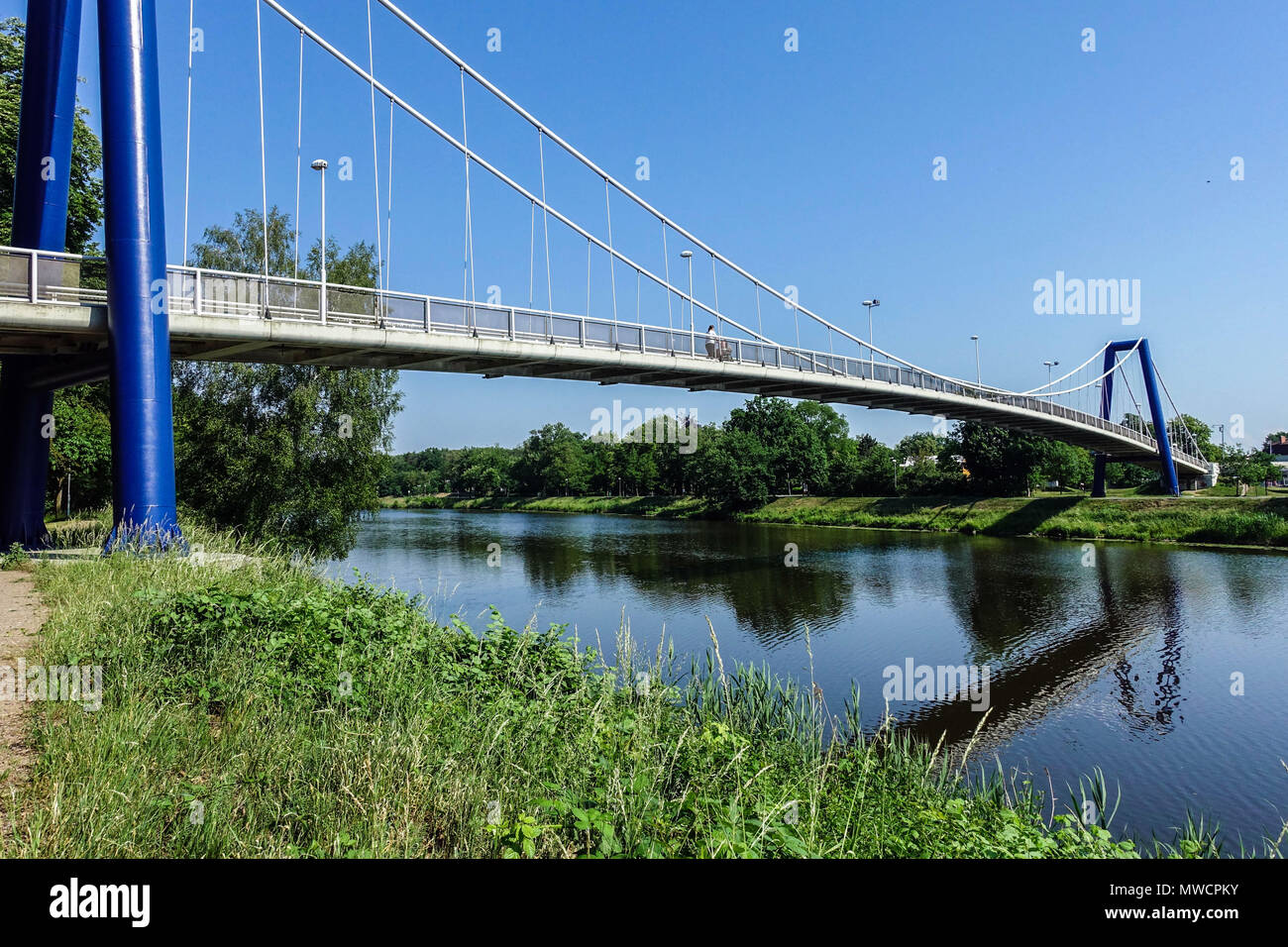 Pedestrian bridge across the Elbe river at Kolin, Czech Republic Stock Photo