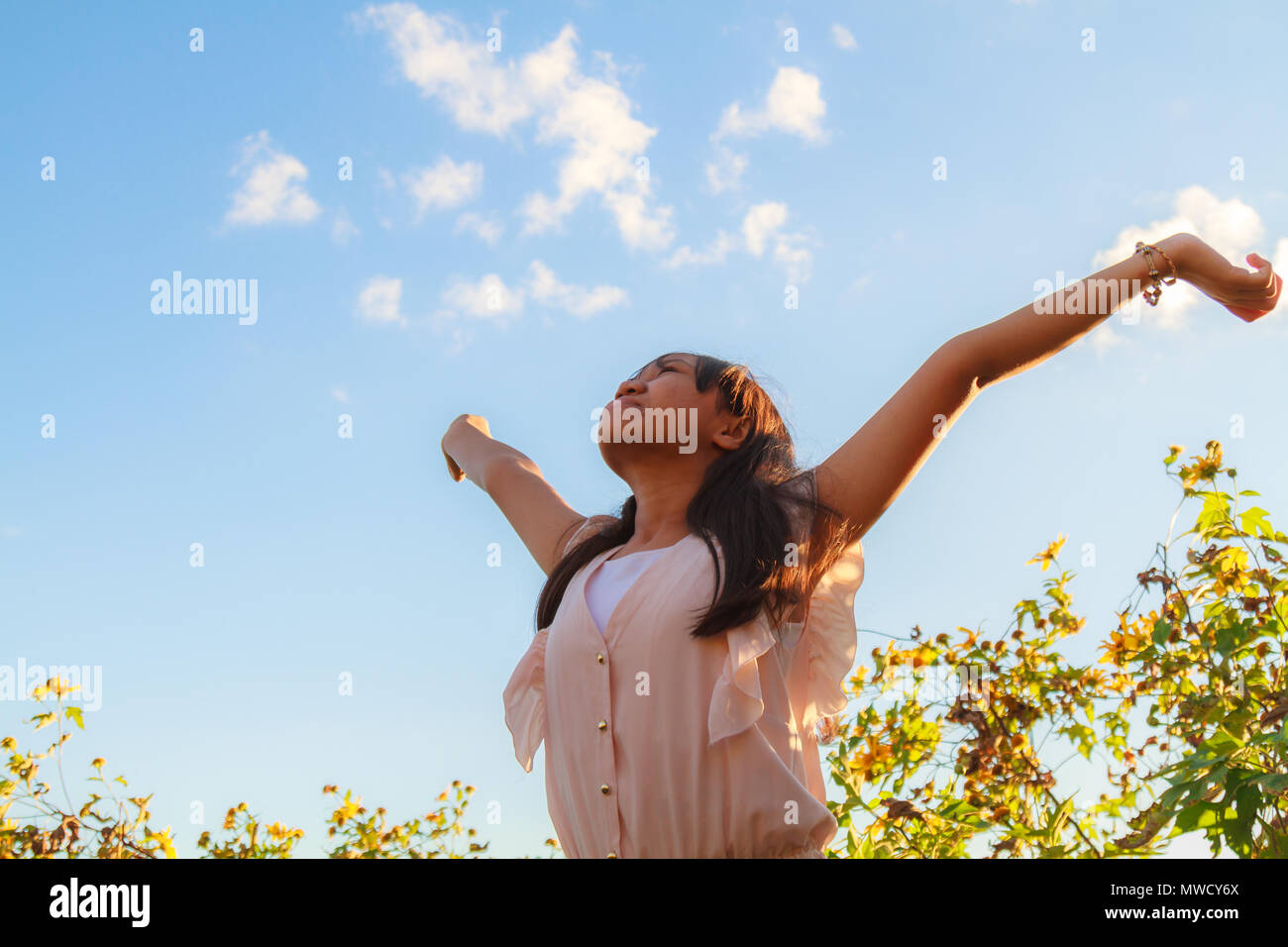 Asia teenage girl relax at Mexican sunflower field on Mae u Kho mountain, Mae Hong Son, Thailand. Stock Photo