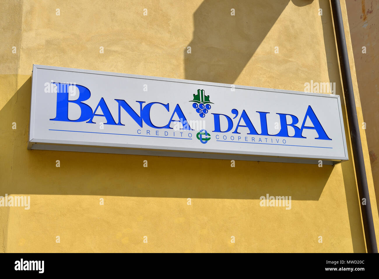 Banca D'Alba Plate on a branch in Barolo, italy Stock Photo