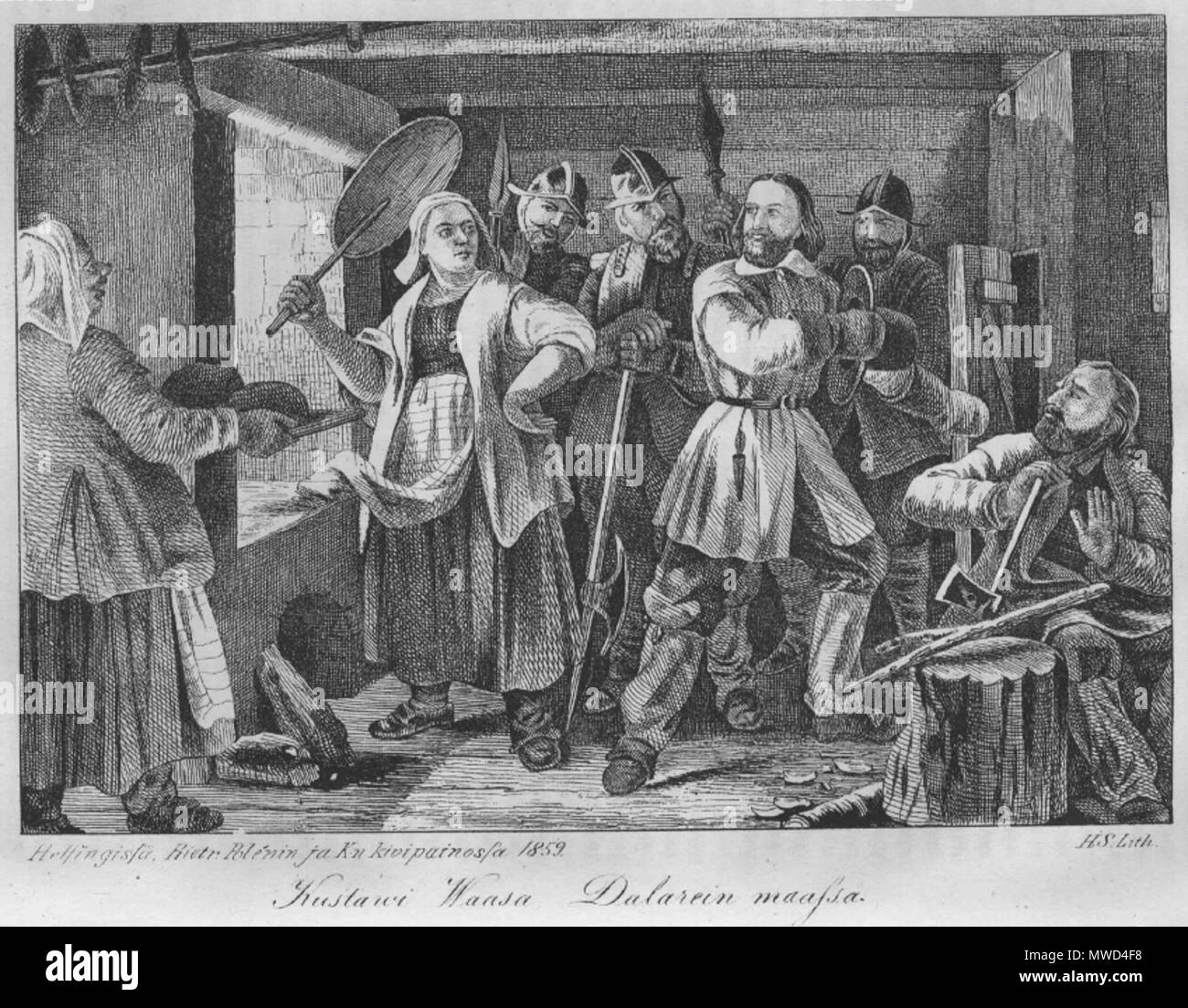 English: A farmer's wife, who has hid Gustav Vasa for Danish soldiers,  gives him a slap with a peel when he unexpectedly enters the room. They  take him for a farmhand,