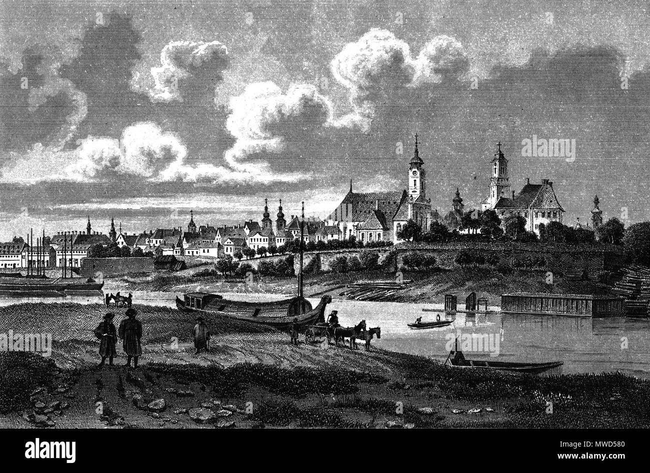 . Boats at Gyor in Hungary around 1845. Drawing by L. Rohbock, engraving by F. Foltz . January 2008. McLeod 260 Gyor transport boats c1845 Stock Photo