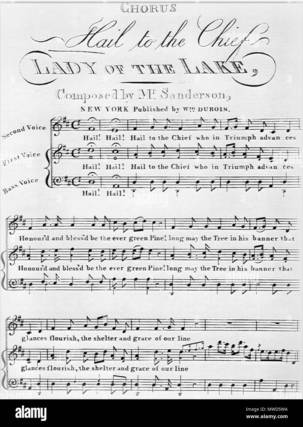 . The author is a Mr Sanderson. This is a picture of the chorus of Hail to the Chief sheet music. The website where I found this image is http://www.jmu.edu/madison/center/main pages/material/audio/music/hail.htm. Uploaded to Wikipedia 2006-07-24. This file is lacking author information. 263 Hail to the Chief Chorus Sheet Music Stock Photo
