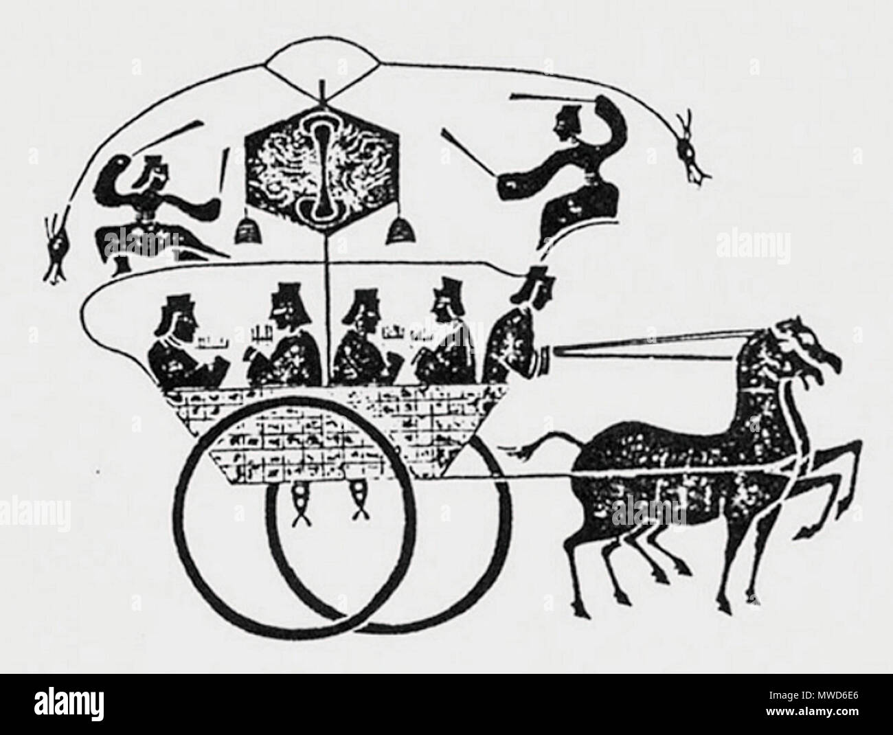 . Stone rubbing of an ancient Chinese Han Dynasty odometer horse cart (汉代记里鼓车); the original relief came from the Xiao Tang Shan Tomb, c. 125 AD. Four musicians are seen seated in the cart and playing pan-pipes. Han Dynasty 202 BC–220 AD. An artist from the Han Dynasty 264 Han dynasty odometer cart Stock Photo