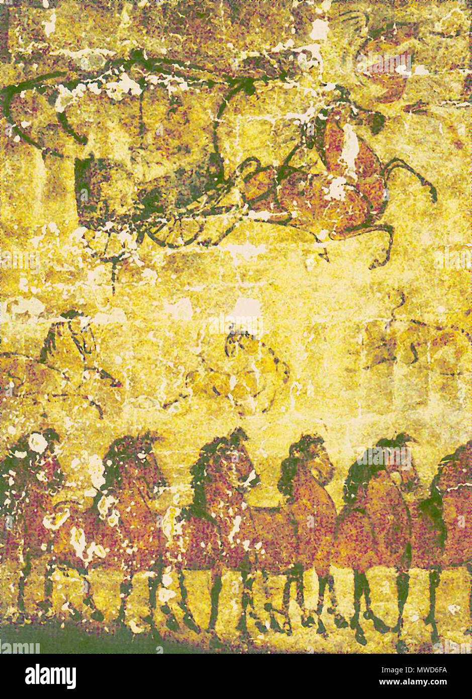 . Carts and horses going out, 137cm x 201 cm, Eastern Han Dynasty, China; one of 57 murals from the Nei Menggu Helingeer (or Holingor) Tomb in Inner Mongolia. Buried at the tomb as a prominent official, landowner, and colonel of the Wuhuan Army. This mural is one of many found at the site, including murals depicting agrarian labor at his wealthy manor home. 25–220 CE. Anonymous Han Dynasty artist 264 Han Tomb Mural, Horses and Carts Stock Photo