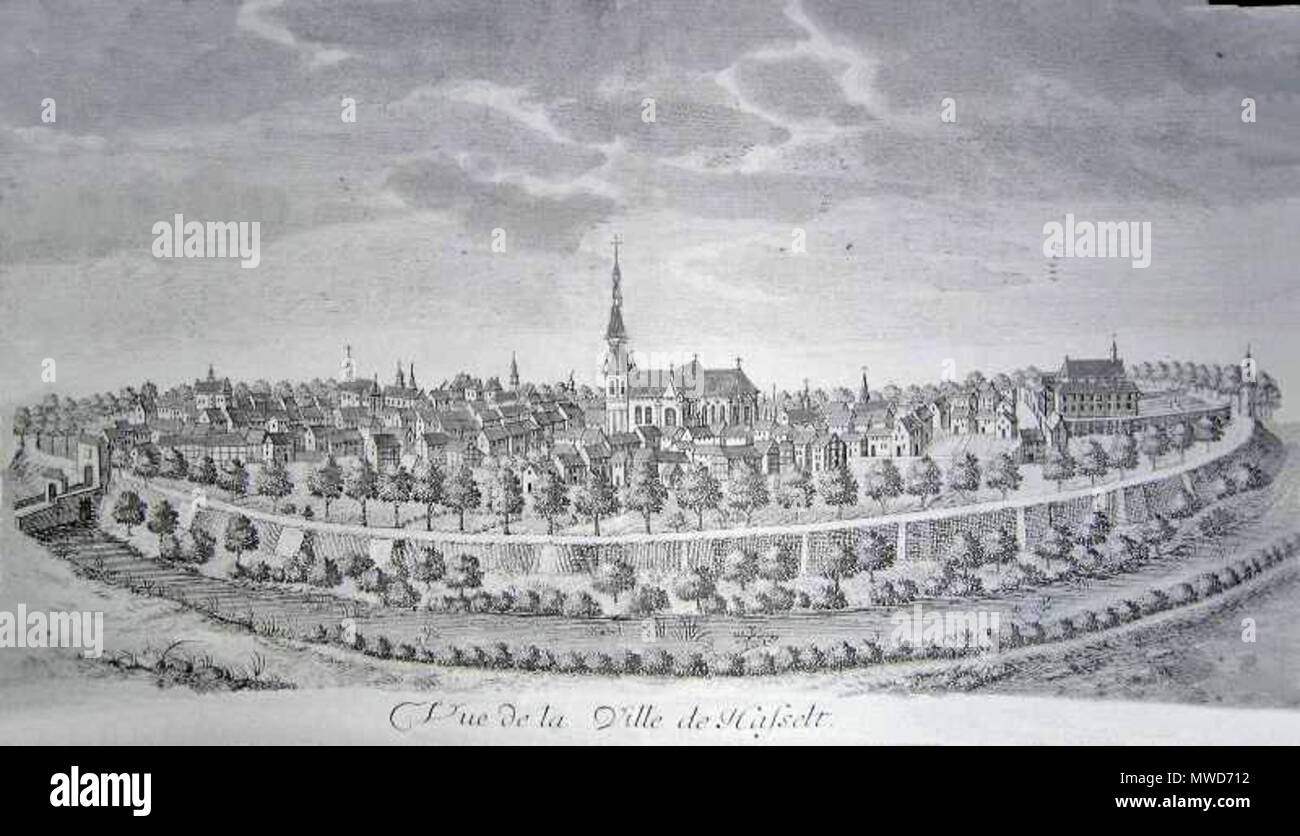 . Nederlands: Foto van Gravure naar R. Leloup, in P.L. de Sauery, Les délices du pais de Liège, IV, Luik, 1744 . Eigen foto 267 Hasselt in 1740 Stock Photo