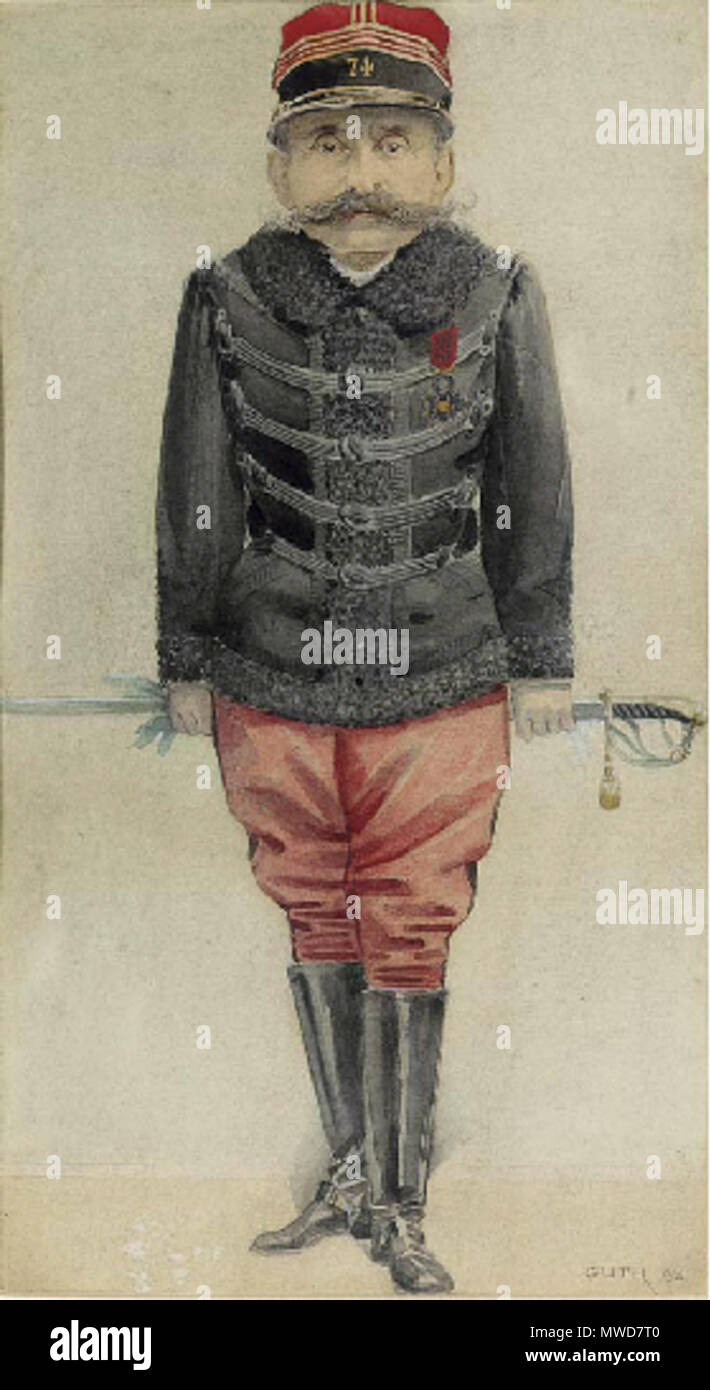 . Caricature of Major Ferdinand Walsin Esterhazy. Accompanying biographical note in Vanity Fair read 'He has quite recently acquired a quite sudden notoriety by implication in L'Affaire Dreyfus: of which, perhaps, more will be heard.... He has been heard to say that he does not love Zola. He is a spare, nervous, well-hated man, with a drooping nose; whose face and swarthy complexion betray his race'. 1898. Jean Baptiste Guth 206 Ferdinand Walsin Esterhazy Vanity Fair 26 May 1898 Stock Photo