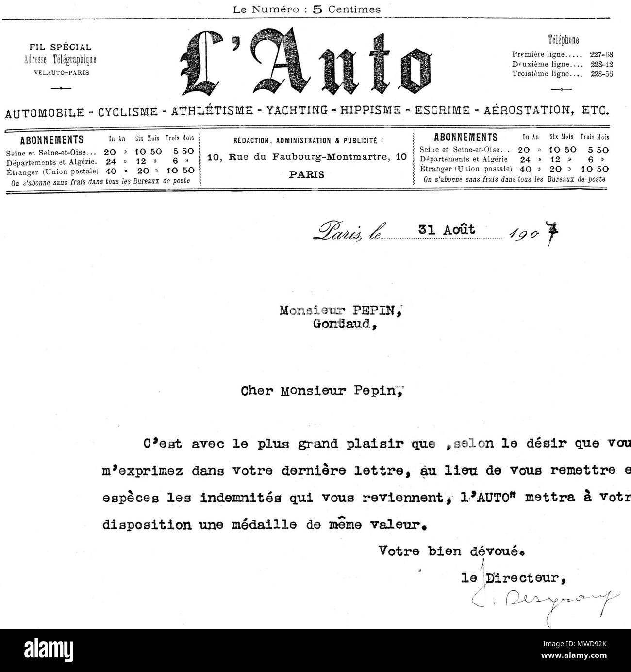 English Reproduction Of Letter From The Organisers Of The Tour De