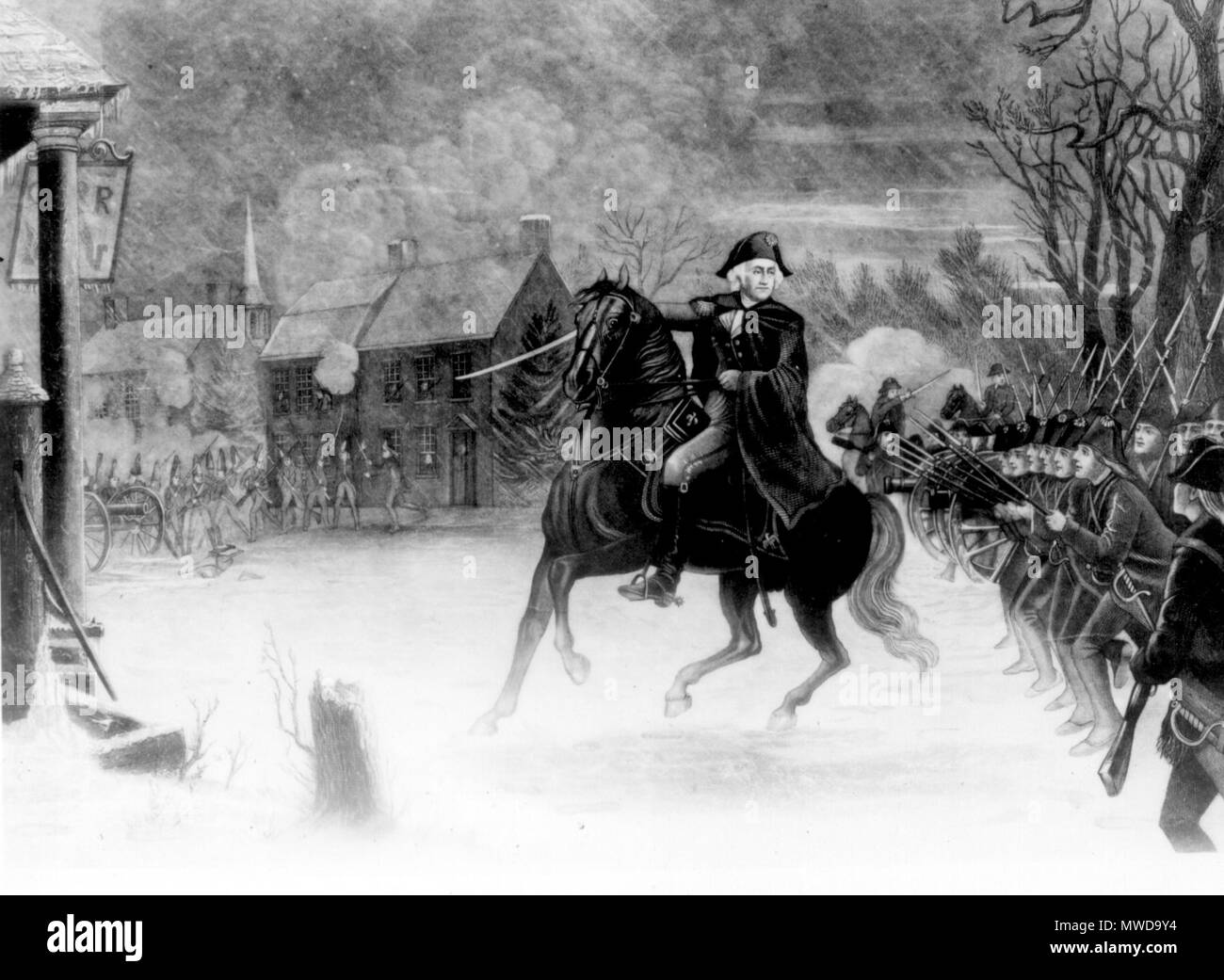 . Washington at the Battle of Trenton. An engraving by Illman Brothers. From painting by E.L. Henry. 1870. Illman Brothers from painting by   Edward Lamson Henry  (1841–1919)    Alternative names E. L. Henry; Edward Henry; Edward Lawson Henry; Eduard Lamson Henry; E.L. Henry; henry edward lamson; Henry  Description American painter  Date of birth/death 12 January 1841 9 May 1919  Location of birth Charleston  Authority control  : Q2605527 VIAF: 812204 ISNI: 0000 0000 8080 6389 ULAN: 500006188 LCCN: n87932413 NLA: 35755797 WorldCat 274 Henry-revolutionary-war Stock Photo