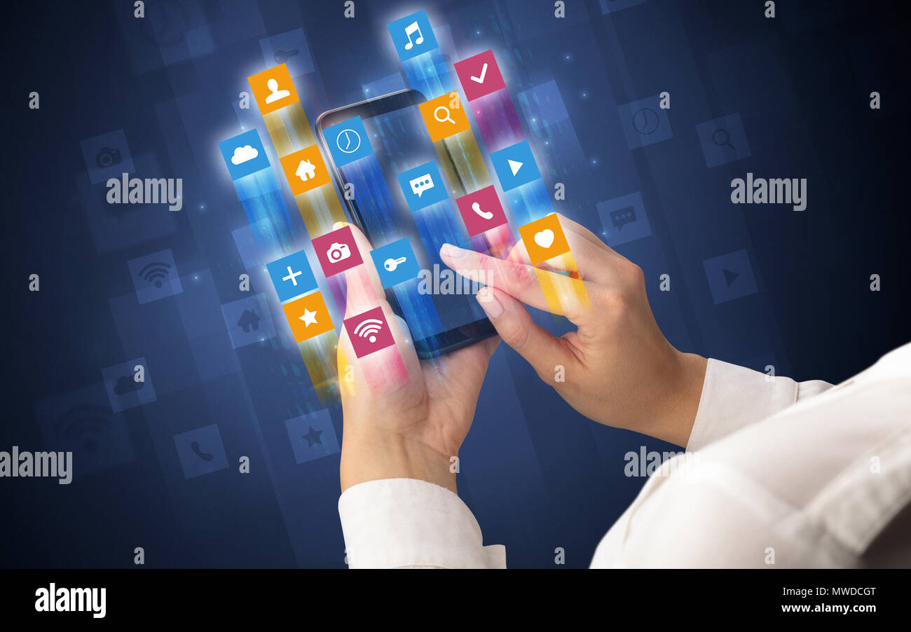 Female hand using smartphone with colorful angular fast switching ...