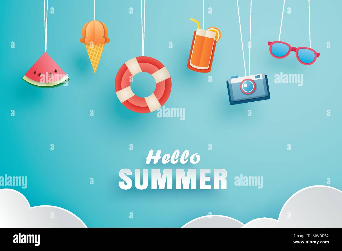 Hello summer with decoration origami hanging on the sky background ...