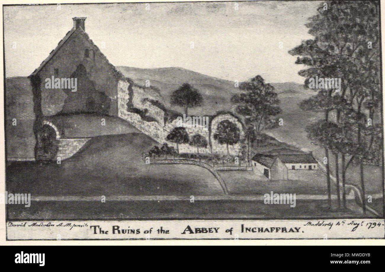 . A illustration of the ruins of Inchaffray Abbey, made in 1794; scanned from Lindsay, William Alexander, Dowden, John & Thomson, John Maitland (eds.), Charters of Inchaffray Abbey, 1190-1609, Publications of the Scottish History Society, Volume LVI, (Edinburgh, 1908), illus facing p. xxiii. . This file is lacking author information. 295 Inchaffray Abbey Ruins 1794 Stock Photo