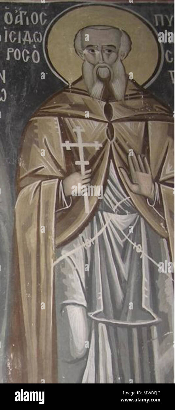 . English: St. Isidore of Pelusium Русский: Исидор Пелусиотский . 13th century. anonimus 300 Isidore of Pelusium (fresco) Stock Photo
