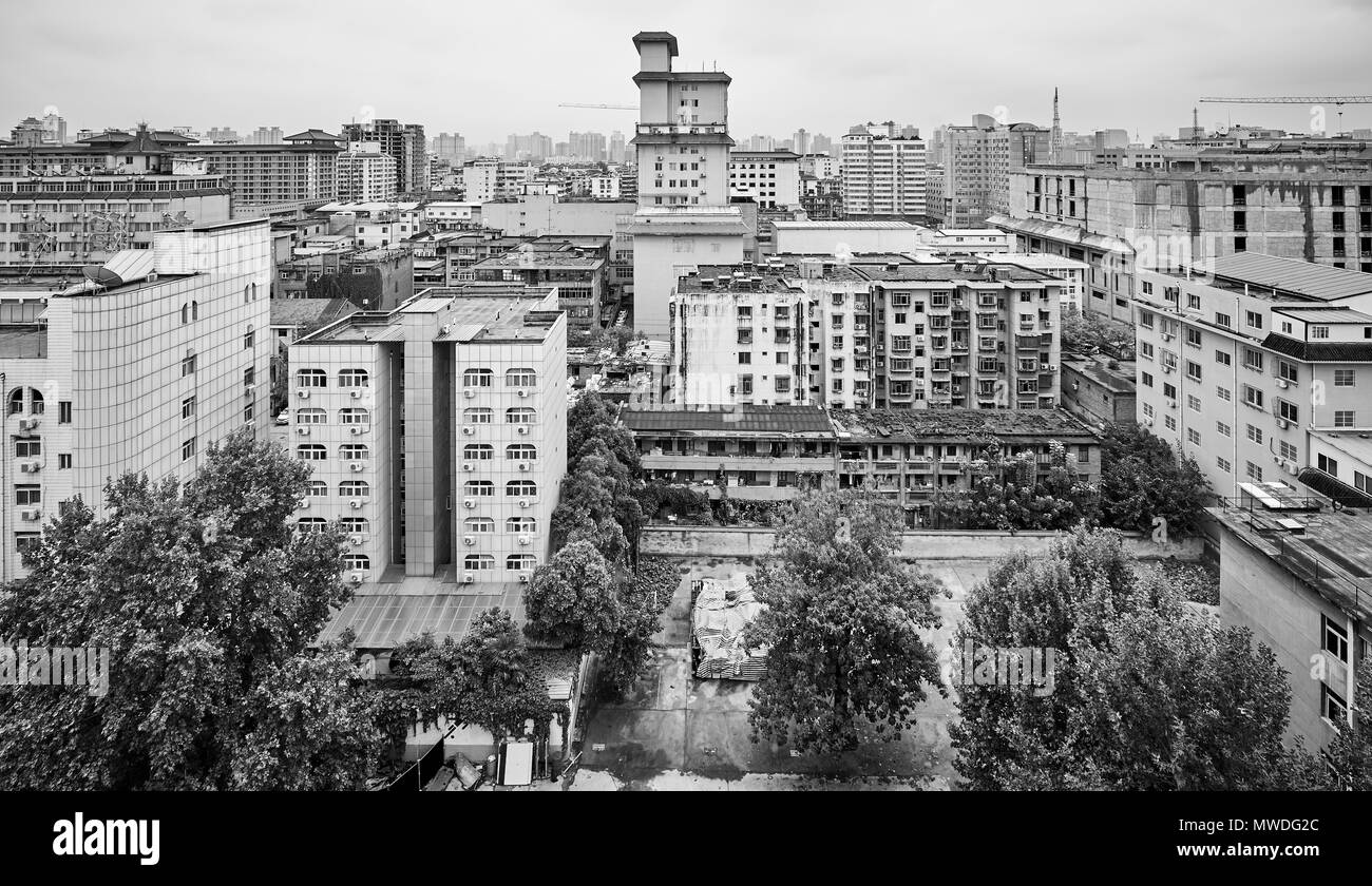 Black and white Xian cityscape, China. Stock Photo