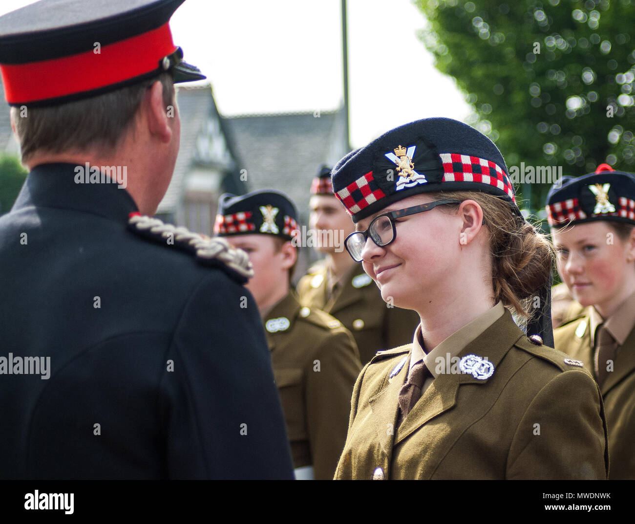 Alloa, Scotland, UK. 1st Jun, 2018. Lord-Lieutenant, Lt-Col (Retd) Johnny Stewart speaking with a cadet during the parade after the event. Alloa shows its support of the UK Armed Forces as part of the UK Armed Forces Day events, this year also marks the 100th anniversary of the end of WW1 and the 100th year of the British Royal Air Force. Credit: SOPA Images Limited/Alamy Live News Stock Photo