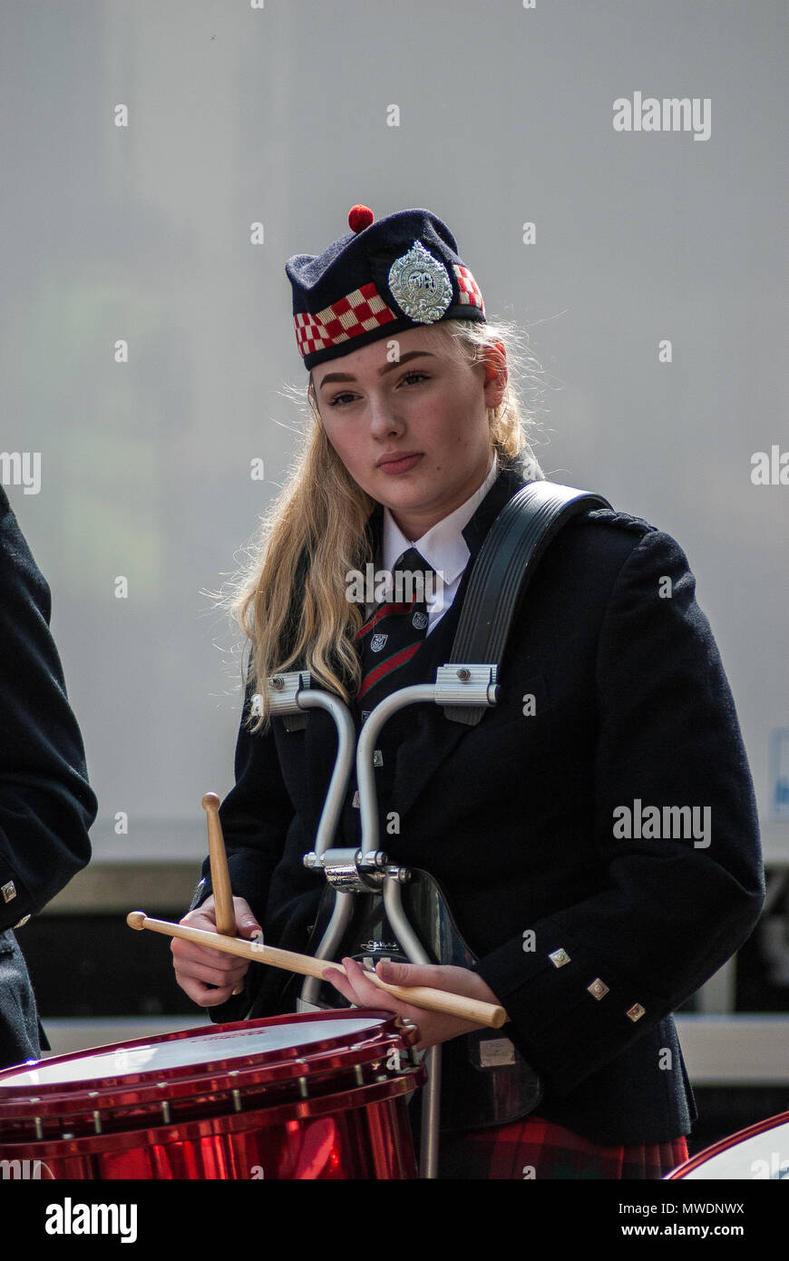 Alloa, Scotland, UK. 1st Jun, 2018. A portrait of a member of the band from Dollar Academy playing drums. Alloa shows its support of the UK Armed Forces as part of the UK Armed Forces Day events, this year also marks the 100th anniversary of the end of WW1 and the 100th year of the British Royal Air Force. Credit: SOPA Images Limited/Alamy Live News Stock Photo