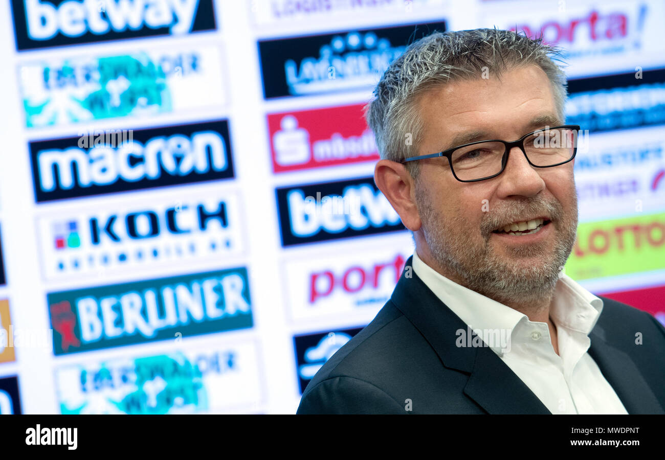 01 June 2018, Germany, Berlin: As the new head coach of 2. Bundesliga team  Union Berlin, Urs Fischer from Switzerland speaks to journalists at his  introduction. Photo: Paul Zinken/dpa Stock Photo - Alamy