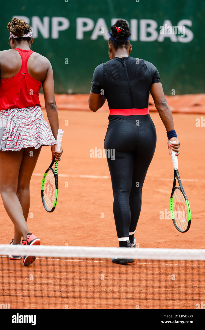 Paris, France. 1st June, 2018. Serena Williams and Venus Williams (with a  cap) of USA during