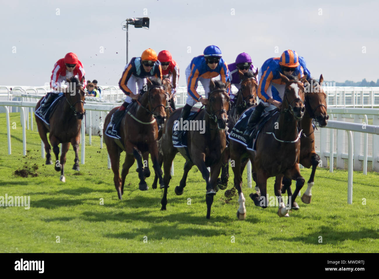 Epsom Downs Surrey UK. 1st June 2018. The Oaks at Epsom Downs. Eventual winner Forever Together ridden by Donnacha O’Brien in orange and blue stripes with blue cap is well placed with five furlongs to go. Credit: Julia Gavin/Alamy Live News Stock Photo