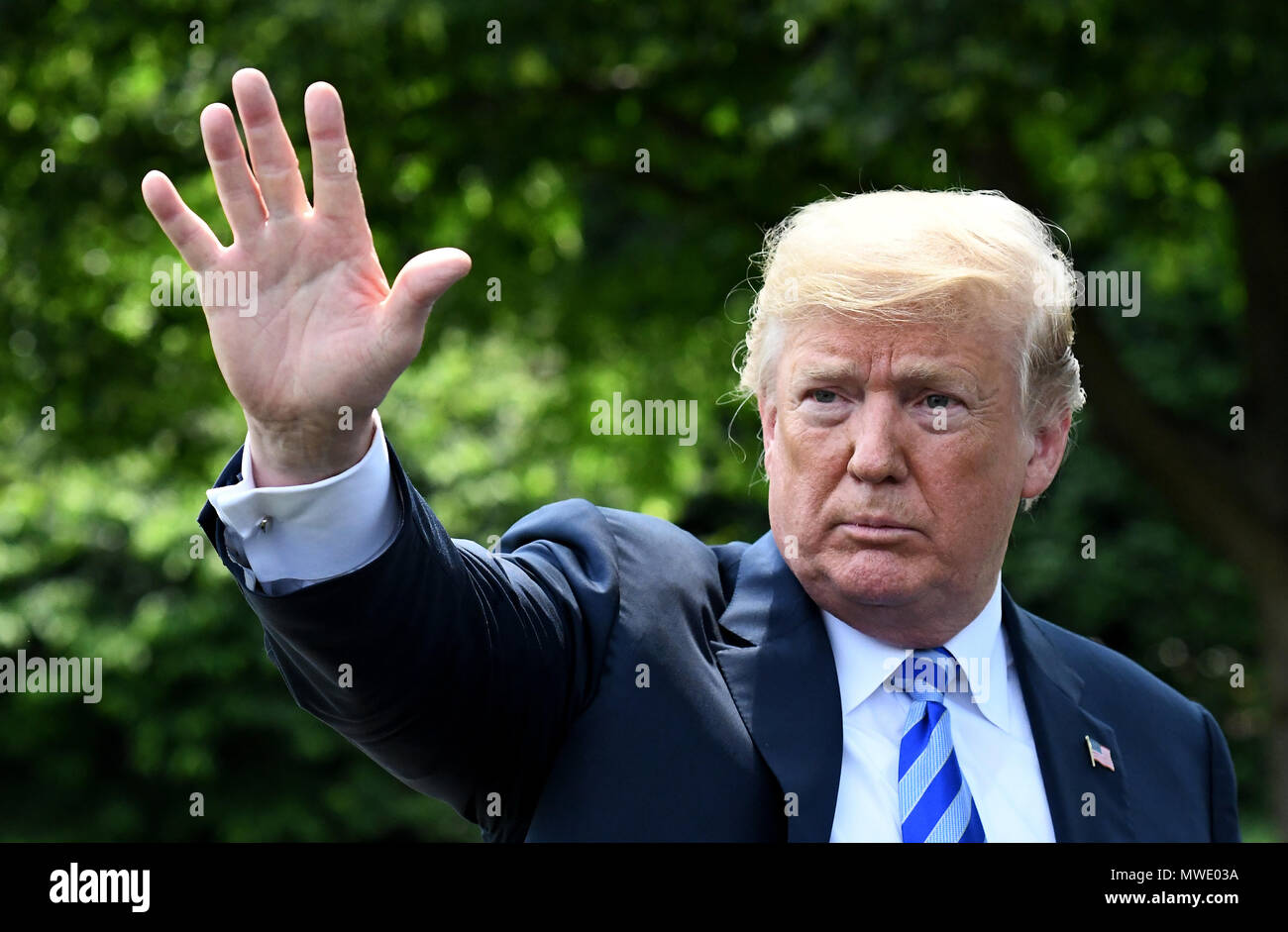 US President Donald Trump speaks to the press after meeting with Kim Yong Chol, former North Korean military intelligence chief and one of leader Kim Jong Un's closest aides, on the South Lawn of the White House in Washington on Friday, June 1, 2018. Credit: Olivier Douliery/Pool via CNP | usage worldwide Stock Photo
