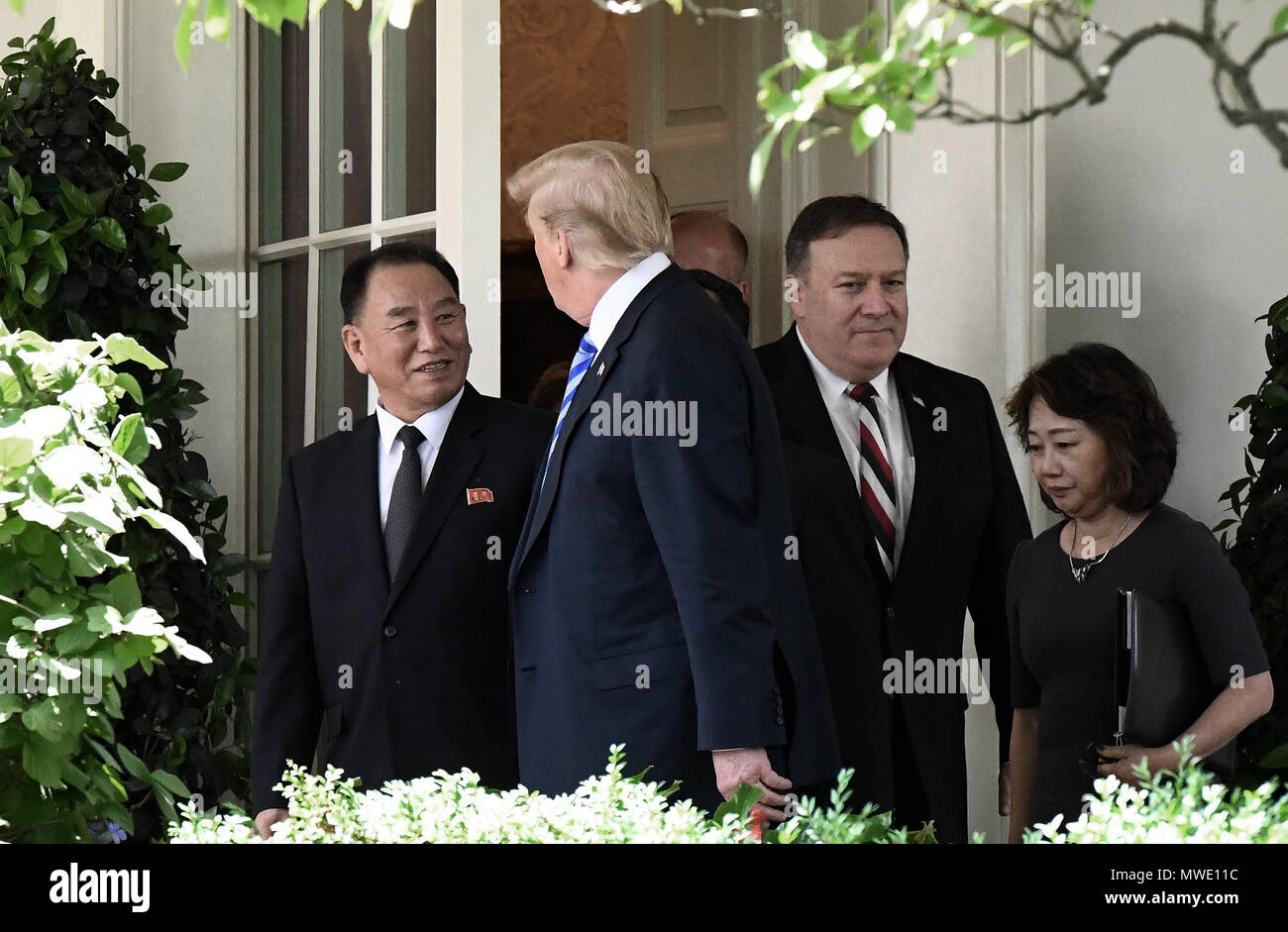 Washington, USA. 1st June 2018. US President Donald Trump walks out of the Oval Office with Kim Yong Chol, former North Korean military intelligence chief and one of leader Kim Jong Un's closest aides, in Washington on Friday, June 1, 2018. Credit: Olivier Douliery/Pool via CNP /MediaPunch Credit: MediaPunch Inc/Alamy Live News Stock Photo