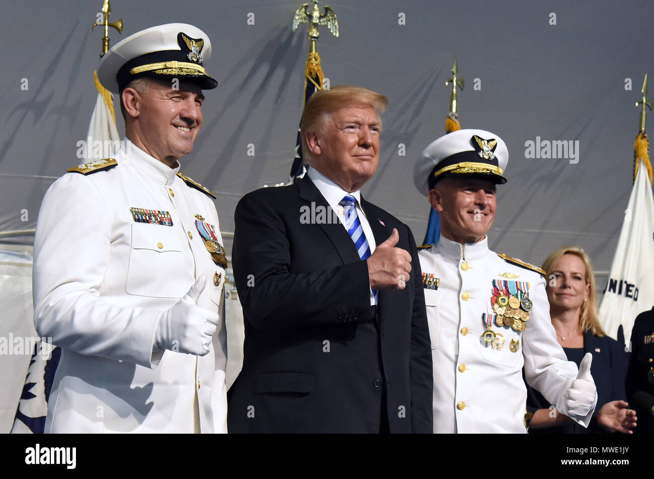 Washington, District of Columbia, USA. 1st June, 2018. President DONALD TRUMP participates in the U.S. Coast Guard Change-of-Command Ceremony as Adm. PAUL F. ZUKUNFT (R) is relieved by Adm. KARL L. SCHULTZ (L) as commandant. Credit: Olivier Douliery/CNP/ZUMA Wire/Alamy Live News Stock Photo
