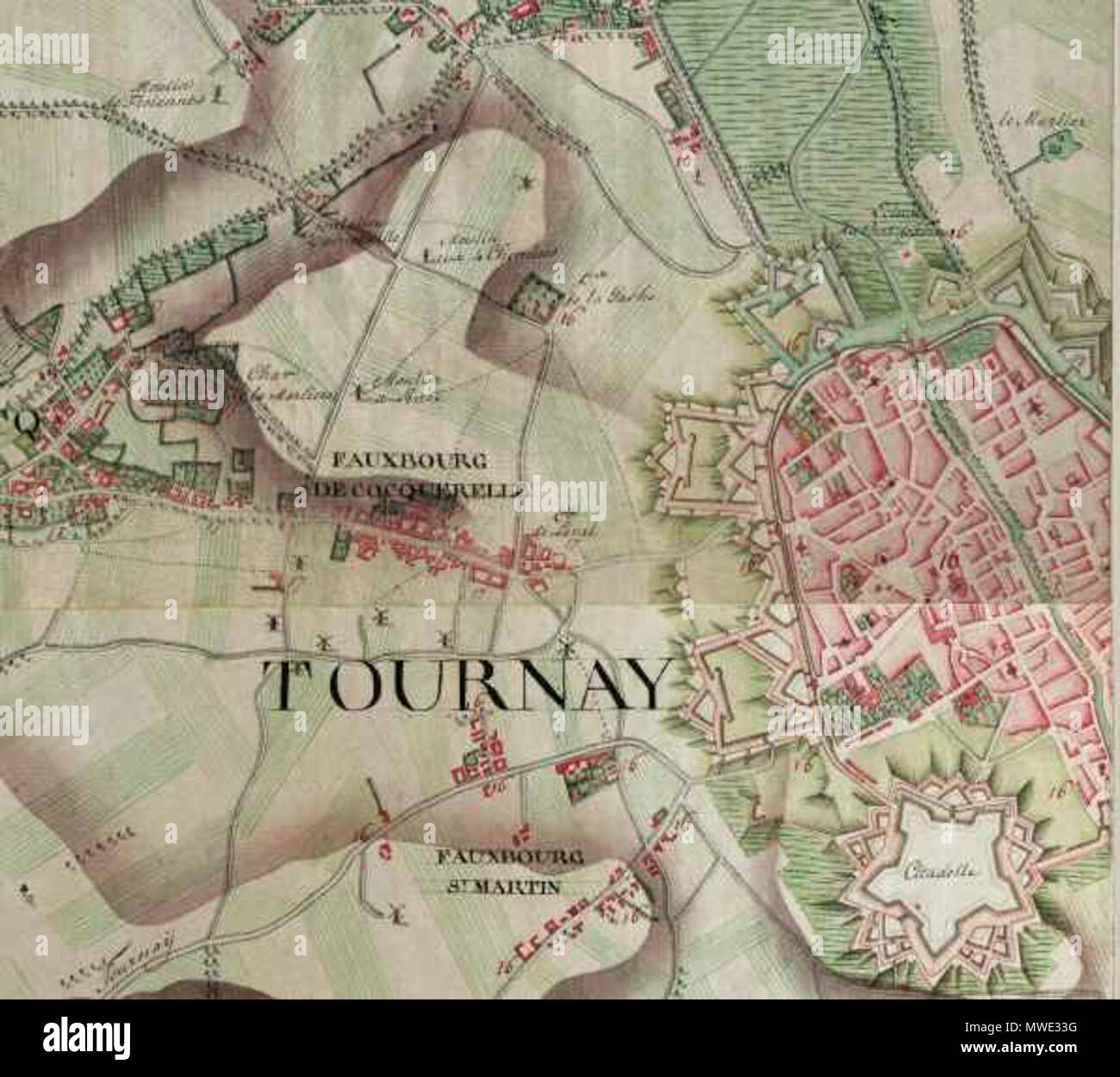 . English: Tournai, Belgium ;  detail from Ferraris Map . between 1771 and 1778. Joseph de Ferraris (died 1 april 1814) 206 Ferraris map, Tournai Stock Photo
