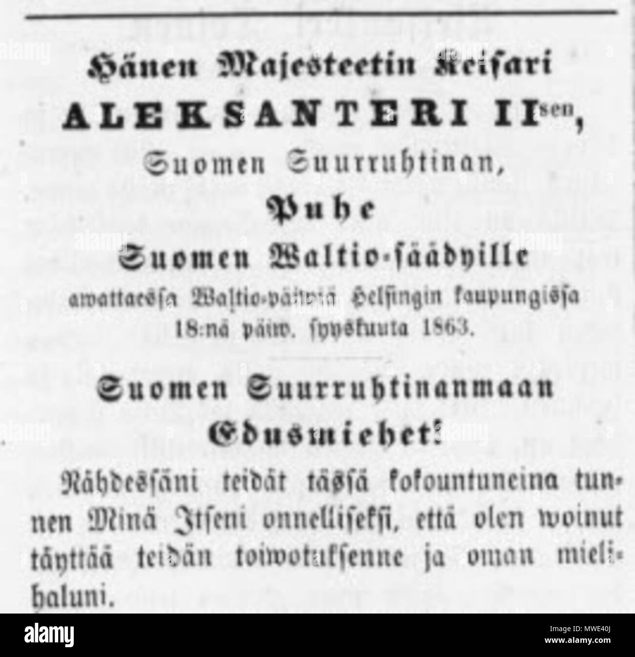 . English: Helsingin uutiset September 21, 1863, publishing a peech by the Grand duke of Finland, czsar Nicholas II of Russia, in the diet. Svenska: Lantdagen öppnades officiellt den 18 september 1863. Efter gudstjänst i Nikolajkyrkan (i dag domkyrkan) öppnades lantdagen i rikssalen i det kejserliga slottet (i dag presidentens slott). Kejsaren höll ett öppningstal på franska. Talet återgavs genast därefter på svenska och finska. Här återgivet på finska i Helsingin uutiset. 21 September 1863. Helsingin uutiset 270 Helsingin-uutiset-21-09-1863 Stock Photo