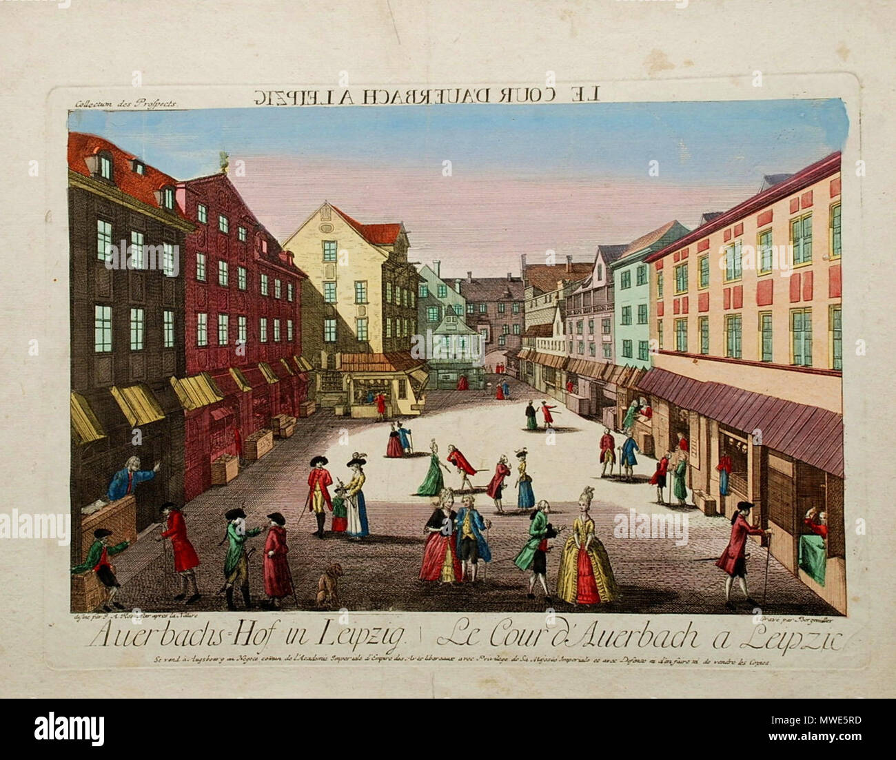 . Auerbachs Hof in Leipzig um 1780. Altkolorierter Kupferstich (Guckkastenblatt - deshalb seitenverkehrt!) 29,1 x 40,3 cm Plattenrand. Dargestellt ist der Naschmarkt, der, wenn keine Leipziger Messe war, seinen Platz in Auerbachs Hof hatte. Gestochen von Johann Baptist Bergmüller (1724 - 1785; THIEME-BECKER Bd. 3, S.411) nach einer Zeichnung von Johann August Rosmäßler (1752 - 1783; THIEME-BECKER Bd. 29, S. 77) . 20 July 2008, 08:45 (UTC). © Foto H.-P.Haack. 63 Auerbachs Hof in Leipzig um 1780 Stock Photo