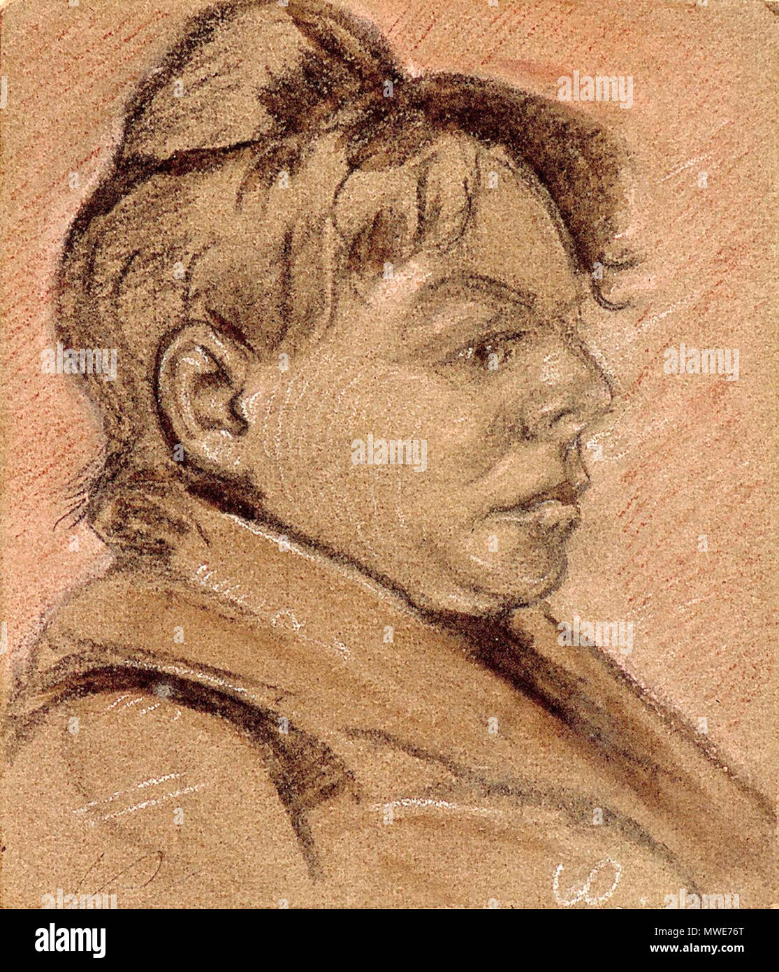 Nederlands: Self-portrait. circa 1905. Indian ink and brown watercolor or  brown ink on paper. 9 × 9 cm (3.5 × 3.5 in). Utrecht, Centraal Museum.  circa 1905. Theo van Doesburg (1883–1931)