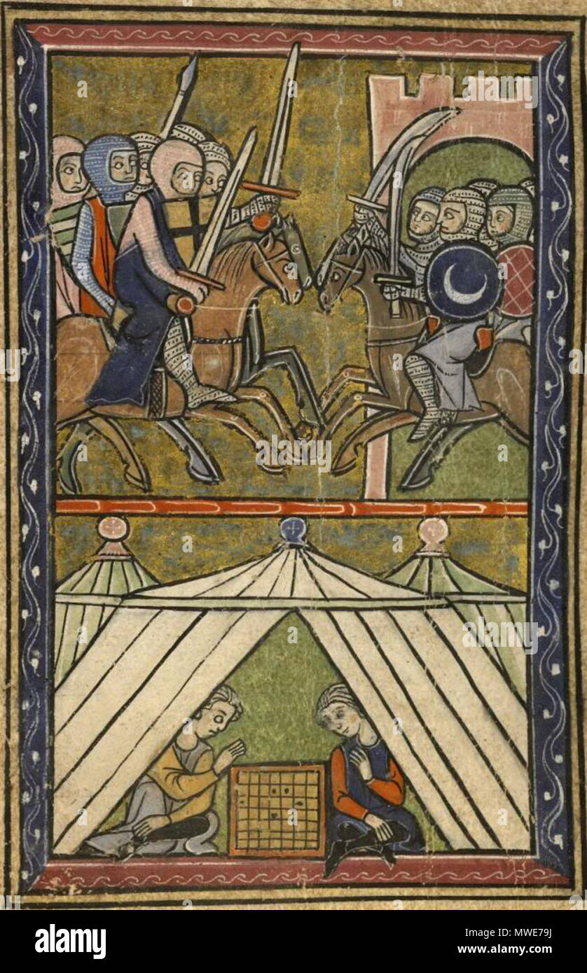 . English: Miniature from Boulogne-sur-mer - Bibliothèque Municipale - Ms 142 Guillaume de Tyr, Histoire d'Outremer, Saint-Jean d’Acre (manuscript donated in 1698 by Melchior Philibert to the Jesuit College in Lyon). Top: John II Komnenos in the siege of Shaizar (1138). Bottom: Raymond of Poitiers Count of Antioch and Josselin II Count of Edessa playing chess. Čeština: Křižáci . circa 1287. anonymous 13th-century artist 279 Histoire dOutremer-Boulogne-Ms142-f153v Stock Photo