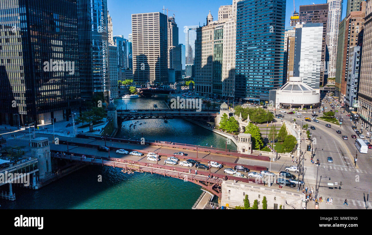 State Street Bridge and Riverwalk, Chicago River, Chicago, IL, USA Stock Photo