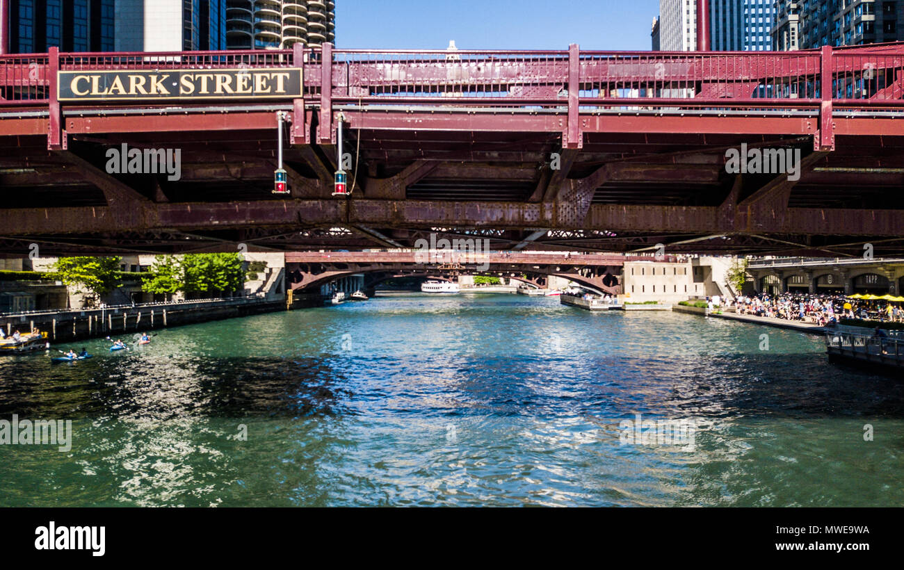 Clark Street Bridge over the Chicago River, Chicago, IL, USA Stock Photo