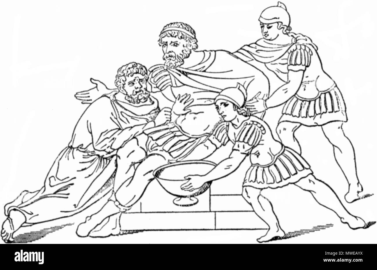 . Machaon (Son of Asklepios), The first Greek military surgeon, attending to the wounded Menelaus. 07/12/2008. Unknown 293 Illus-035 Stock Photo