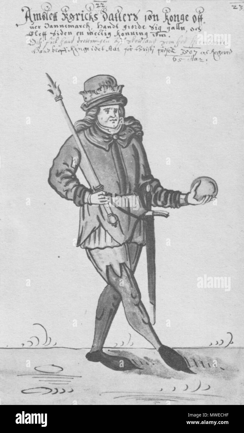 . Depiction of the fictional character Amblett, on whom Shakespeare's Hamlet is based. From a 17th-century manuscript Icones Regum Daniae . 1600s. Unknown 41 Amblett Hamlet Stock Photo
