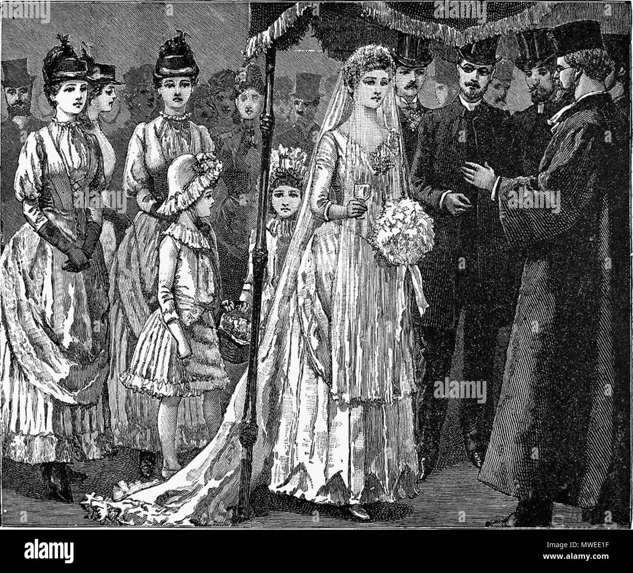 . English: Jewish marriage ceremony c 1892. Original Source: From John Clark Ridpath: Ridpath's universal history: an account of the origin, primitive condition, and race development of the greater division of mankind. (New York : Merrill & Baker, c1899). 1892. R. Taylor (1870-1900); Charles Henry Granger (1812-93) 315 Jewish-wedding-c1892-granger Stock Photo