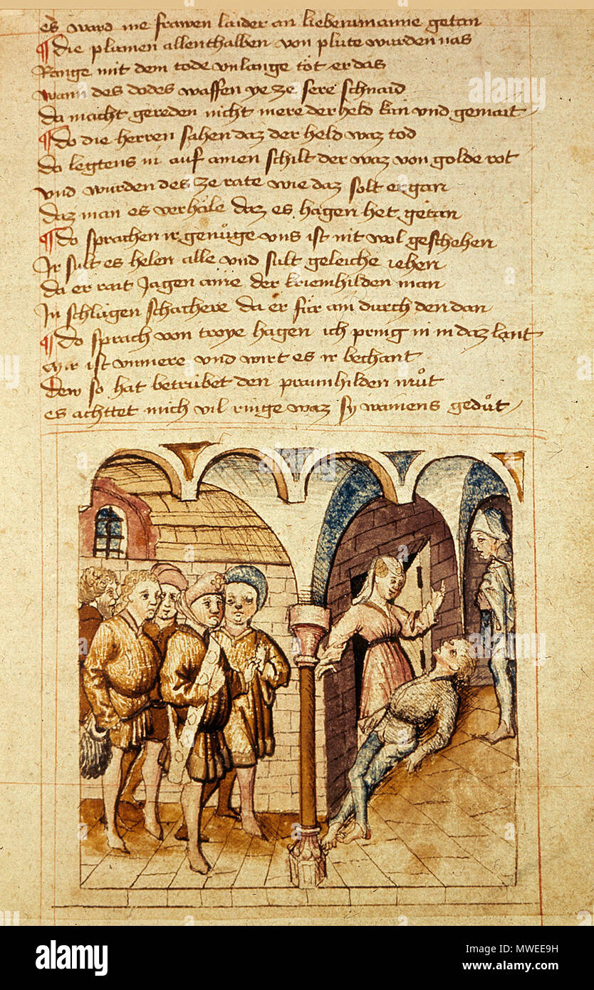 . Nibelungenlied. Hundeshagenscher Kodex . 15th century. Unknown 557 Siegfrieds Leiche vor Kriemhilds Tuer Hundeshagenscher Kodex Stock Photo