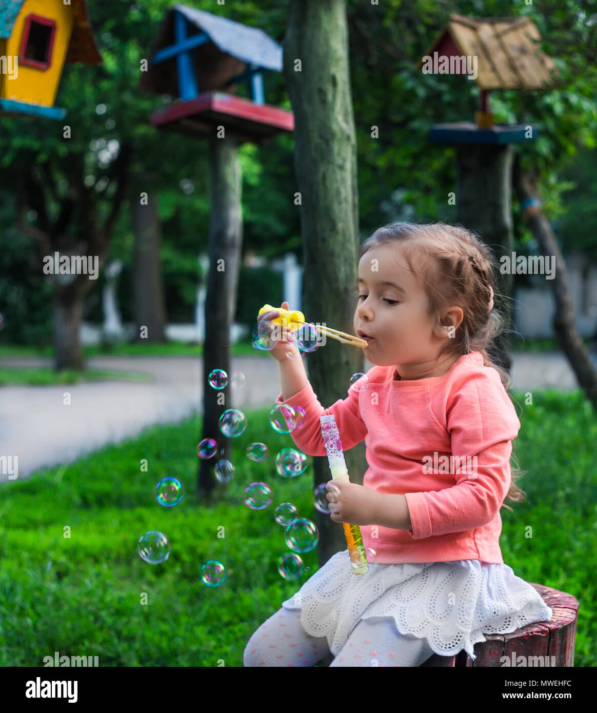 little girl with soap bubbles in a Park near the feeders Stock Photo ...