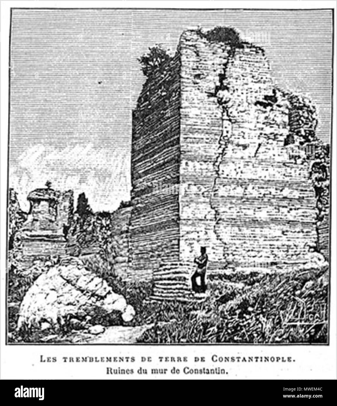 . English: An 1894 xylograph showing damage to the Wall of Constantine, in Istanbul, following the July 10, 1894 earthquake. Printed originally in Science Illustré, 25 Aug.1894, p. 193. . J. Vogt 301 Istanbul earthquake 1894 Stock Photo