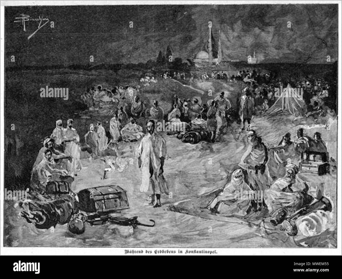 . English: A refugee camp during the April 19, 1878 earthquake in Istanbul, as depicted in an 1878 xylograph from a German periodical. The earthquake had a magnitude of 6.7. 1878. Unknown 301 Istanbul earthquake 1878 Stock Photo