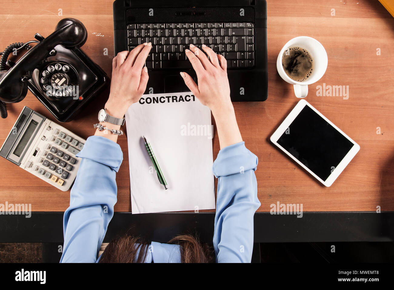 top view, business woman working on computer Stock Photo